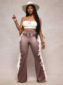 Slaydiva 2025 Summer New Arrivals, Music Festival, Western Style, Nomadic Style, Easter, St. Patrick's Day, Birthday Party, Graduation Season, Student Wear, Daily Casual, All-Match Versatile, Leisure, Vacation, Cruise Travel, Beach, Sunbathing, Fashionable, Streetwear, Ombre Print, Fringe, Flare Pants, Women Plus Size Long Pants - Brown - View 7