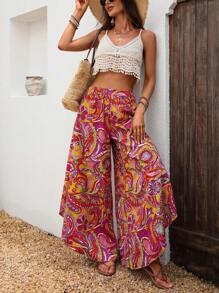 Breezaya Quần ống rộng xẻ tà cao bất đối xứng họa tiết Paisley cho nữ, trang phục thường ngày thanh lịch, đi nghỉ - Nhiều màu - Xem 6