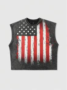 ROMWE MEN Street Life Print Crop Tank Top American Flag Printed Sleeveless Summer Muscle Tee Urban Streetwear Top - Black - View 1