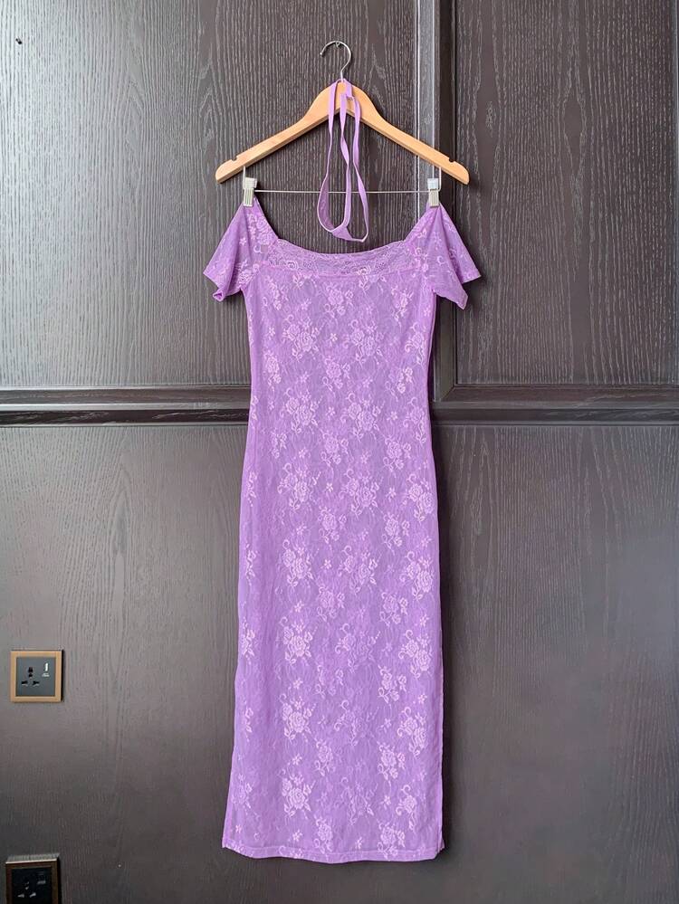 Sheer Lace Off Shoulder High Slit Nightgown Set With G-String, Sexy Lingerie Set For Women