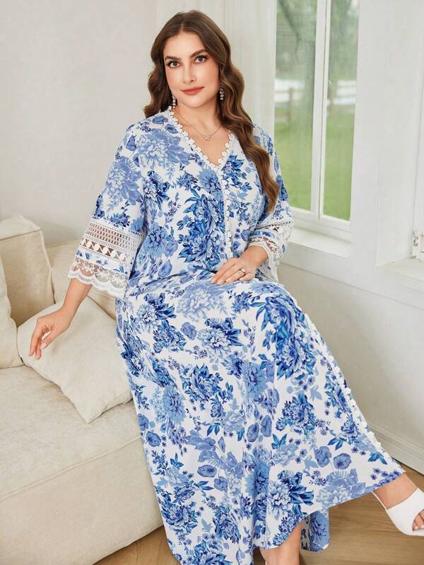 Al Najma Plus Size Women V-Neck 7/8 Sleeve Lace Patchwork Blue & White Floral Print Loose Romantic Elegant Holiday Maxi Dress, Modest