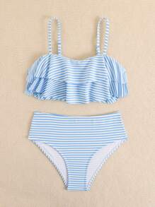 Tween Girl Striped Print Ruffle Trim Camisole & Tankini Set - Multicolor - View 3