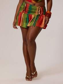 MUSERA Plus Size Ruched Printed Fitted Frill Hem Bead Detail Mini Skirt Cover Up Swim, Holiday, Sexy, Cute Autumn Winter Fall