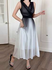 DAZY Elegancka damska sukienka bez rękawów z dekoltem w serek i kopertowym dekoltem do połowy łydki w kontrastowym kolorze - Wielokolorowe - Zobacz 2