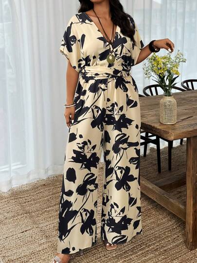 EMERY ROSE Plus Size Women Random Floral Print Batwing Sleeve Loose Jumpsuit