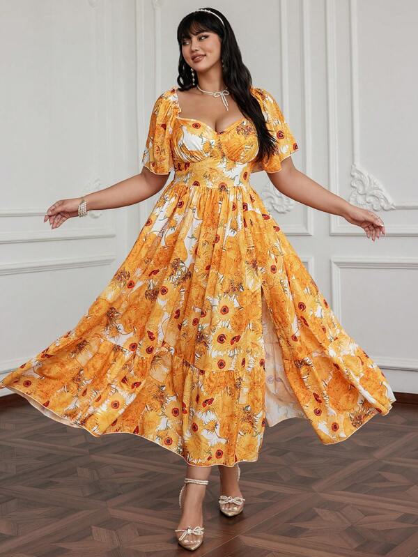 Lyrianda Rochie de vară, design elegant din material cu imprimeu floral și floarea-soarelui, cu crăpătură laterală, rochie midi cu mânecă scurtă și volane, fustă evazată, talie definită, flatantă, rochie nouă de primăvară pentru femei, pentru întâlniri/vacanțe