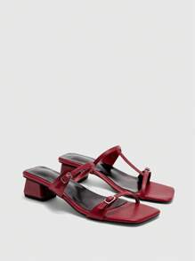 CUCCOO BIZCHIC 女士简约交叉扣装饰黑色方头平底凉鞋，舒适 - 酒紅色 - 查看 2