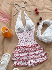 Soleia Tuta da donna vintage con stampa a ciliegie, scollo a V, collo alto, volant sulla gonna, stile casual da vacanza, adatto per il ritorno a scuola, matrimoni, tè pomeridiani, festival musicali - Rosso e Bianco - Visualizzare 3