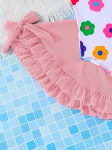SHEIN 2pcs Young Girl Solid Color & Ditsy Floral Pattern Tankini Swimsuit With Attached Skirt - Baby Pink - View 7
