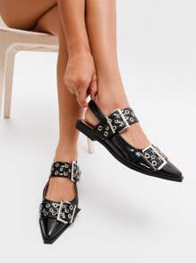 Solezae Women's Oversized Buckle Chunky Grommet Snip Toe Slingback Pat Black Flats–Sophisticated Punk Style, Angular Silhouette, Affordable Luxury, And Versatile Summer Shoes Spring Shoes Spring Break Easter Mother's Day Present For Christmas - Black - View 4