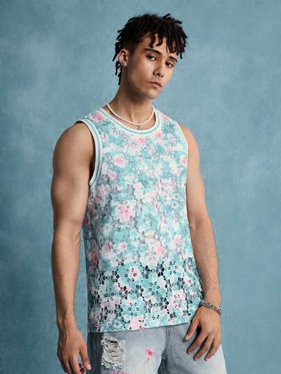 Street Life Men's Floral Print Round Neck Summer Vacation Casual Tank Top