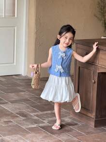 SHEIN Little Byeori Young Girls Casual Contrast Color Bow Decoration Tank Top And Mini Skirt Set - Multicolor - View 6