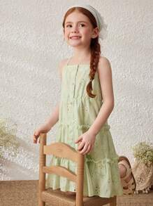 Blossori Young Girls' Country-Style Beige Hollow Embroidered Voile Sleeveless Dress - White - View 7