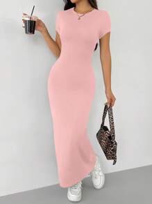 SHEIN PETITE 女士圆领修身短袖连衣裙，适合春夏季日常穿着 - 粉色 - 查看 6