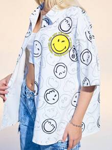 SmileyWorld® | SHEIN Women's Summer Y2K Cute Street White Smiling Face Pattern Front Button Short Sleeve Shirt, Summer