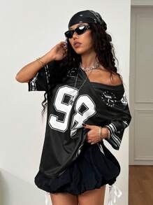 Coolane 女士棒球衫网眼数字图案V领短袖上衣，黑白夏季街头风都市休闲复古节日T恤 - 黑色 - 查看 4