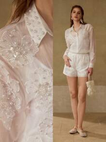 MOTF PREMIUM ÁO BLOUSE & QUẦN SOOCLE HOA KHÔNG ĐỐI XỨNG NGỌC TRANG TRÍ NGỌC TRAI LYOCELL CHO VIỆC ĐI LẠI, MẶC HÀNG NGÀY, KỲ NGHỈ, MÙA XUÂN/HÈ - trắng - Xem 1