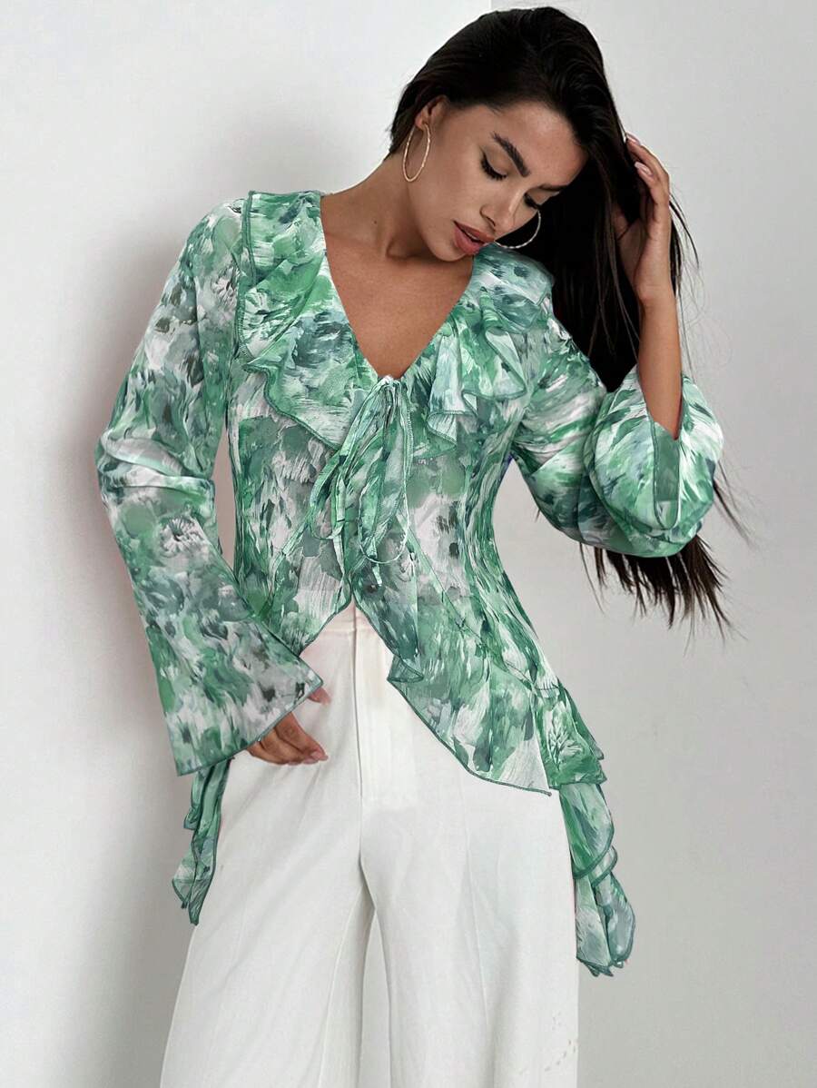 Firerie Áo sơ mi nữ tay bo nơ phía trước họa tiết hoa voan mùa thu - màu xanh lá - Xem 1