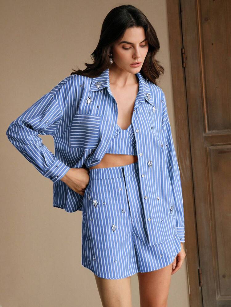 Elegant Studded Loose Brown Stripe A-Line Blue Shorts For Women