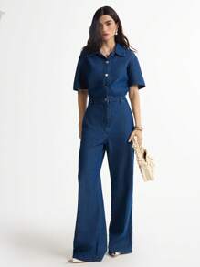 Daynim 前扣阔腿牛仔连体裤 - 中等水洗藍 - 查看 1