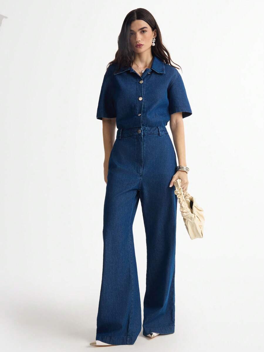 Daynim 前扣阔腿牛仔连体裤 - 中等水洗藍 - 查看 1