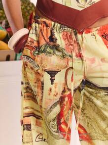 MUSERA Linen Look Printed Tie Waist Straight Leg Trousers Spring, Summer, Ibiza, Holiday, Cute, Festival, Vacation Beachwear, Beach, Boho