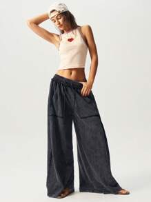 Bohemela Pantaloni ampi casual in stile boho, lavorati a maglia, con motivo a fiocco di neve e patch, colore unito, lavati, larghi e ampi per le donne