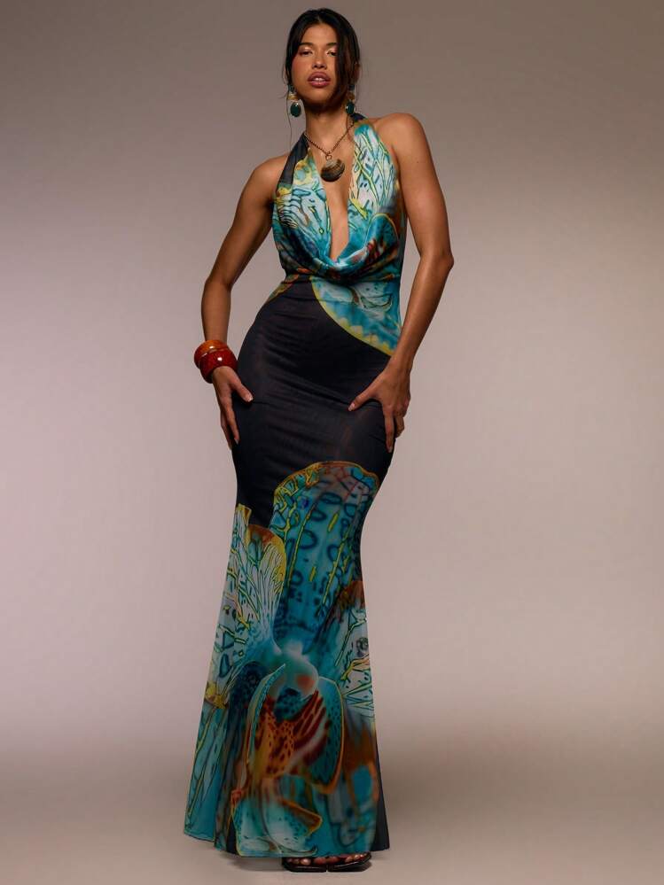mesh cowl neck halter dress MUSERA Floral Maxi Dress,Black And Gold,Summer,Seductive,Party Night Ibiza Outfit Holiday Festival Beachwear Boho Elegant Prom Men's Trousers