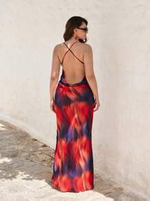 SHEIN VCAY Vestido con cuello drapeado y espalda descubierta con estampado de teñido anudado, perfecto para vacaciones, tallas grandes para mujeres