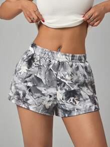 SHEIN PETITE 女士松紧腰休闲宽松印花短裤，夏季 - 彩色 - 查看 1