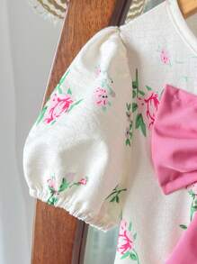 Vestido elegante con mangas abullonadas y estampado floral menudo, con decoración de lazo, para niñas preadolescentes - Multicolor - Ver 6