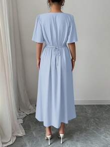 Elenzga Women's Rayon Bamboo Fiber Elegant Vacation Afternoon Tea Party V-Neck Front Button A-Line Front Slit Flared Sleeve Tied Waist Bow Short Sleeve Mid-Length Dress, Spring/Summer