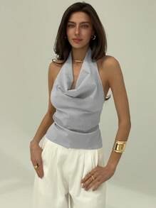 Aloruh 条纹深垂领露背系带时尚性感别致女式衬衫 - 黑與白 - 查看 4