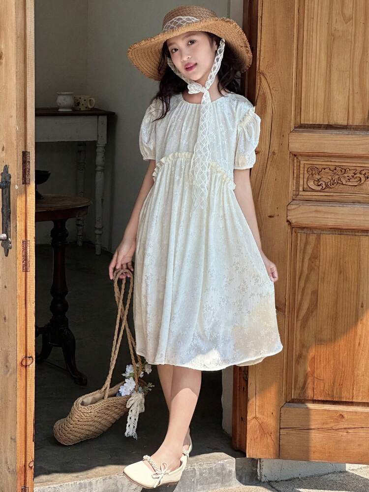 Tween Girl Bubble Short Sleeve Crew Neck Dress, For Summer, Back To School Clothes