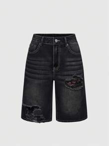 ROMWE Grunge Punk Shorts en jean décontractés pour femmes avec poche en patchwork à broderie croisée - Noir - Voir 2