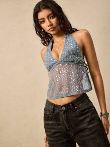 Easelle 新款夏季女士波西米亚风度假浪漫性感露背吊带亮片刺绣上衣，串珠吊带背心 - 彩色 - 查看 4