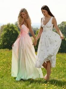 Enchnt 春夏浪漫女士淡粉色和薄荷绿渐变色褶皱腰挂脖露背长裙，甜美优雅，适合度假、海滩、约会、节日、派对、毕业典礼和婚礼宾客，女士夏装，女士太阳裙，夏装 - 粉色 - 查看 5