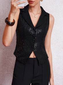 Lavishia Women's Sleeveless Black Suit Collar Fitted Sequin Party Top, Elegant For Autumn/Winter Sequin Top Spring Clothes Party Tank Top Summer Mardi Gras Going Out Tops Women Tank Top