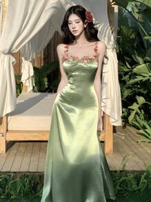 DAZY 女士花卉吊带装饰优雅度假风长裙，波西米亚风女士连衣裙，生日女士休闲连衣裙，女士短裙，夏季女士加大码太阳裙，夏季工作连衣裙，正式女士连衣裙，长款连衣裙 - 綠色 - 查看 2