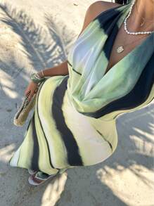 Sunnyshic 大码女式扎染垂坠领露背度假风长裙