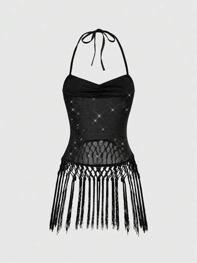 Goth Camiseta de tirantes finos con espalda descubierta, de malla y con aplicaciones de strass, de estilo vintage y sexy, ideal para vacaciones
