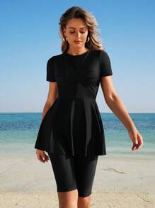 Swim Mulvari Women's Elegant Wrap Style Black Moroccan-Style Beachwear Set Including Tank Top And Tankini Swimsuit, Suitable For Beach, Pool, And Holiday For Summer Beach Vacation