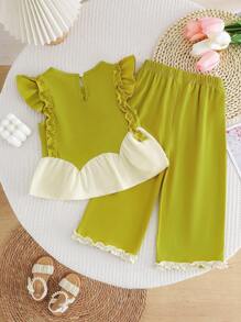 Conjunto de top con volante asimétrico y decoración de flor 3D en manga corta y pantalones para niñas pequeñas, ropa informal y linda para uso diario