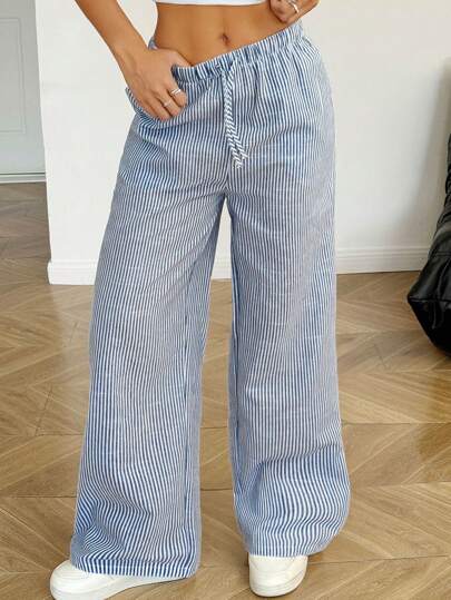 SHEIN 少女蓝白条纹宽松休闲抽绳阔腿裤