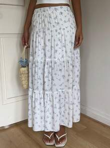 SHEIN EZwear Women Floral Print Elastic Waist Ruffled Hem A-Line Skirt