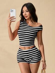 SHEIN PETITE 2pcs/Set Women Striped Print Asymmetric Collar Tank Top + Shorts Set - Black and White - View 3