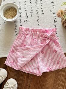 Young Girl Bowknot Pink Striped Asymmetric Hem Skorts - Pink - View 6
