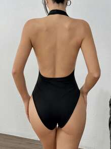 SHEIN Tall Women's Deep V-Neck Backless Skin-Tight Halter Bodysuit, High Stretch Soft Comfortable, Fashionable Minimalist Casual Sexy Outfit For Vacation & Daily Wear, Spring/Summer, Tall/Plus Size