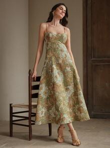 Anewsta Women's A-Line Painting Style Spaghetti Strap Party Dress, New Arrival - Coffee - View 7