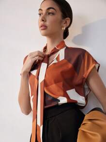 Chiquease 女士优雅休闲印花系带衬衫上衣，舒适的日常通勤穿着 - 橘色 - 查看 7